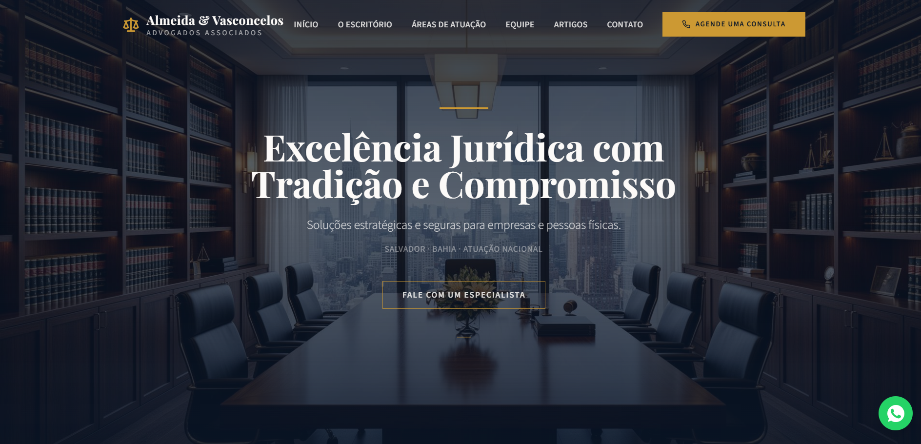 Página inicial do site do escritório Almeida & Vasconcelos, com áreas de atuação e contato